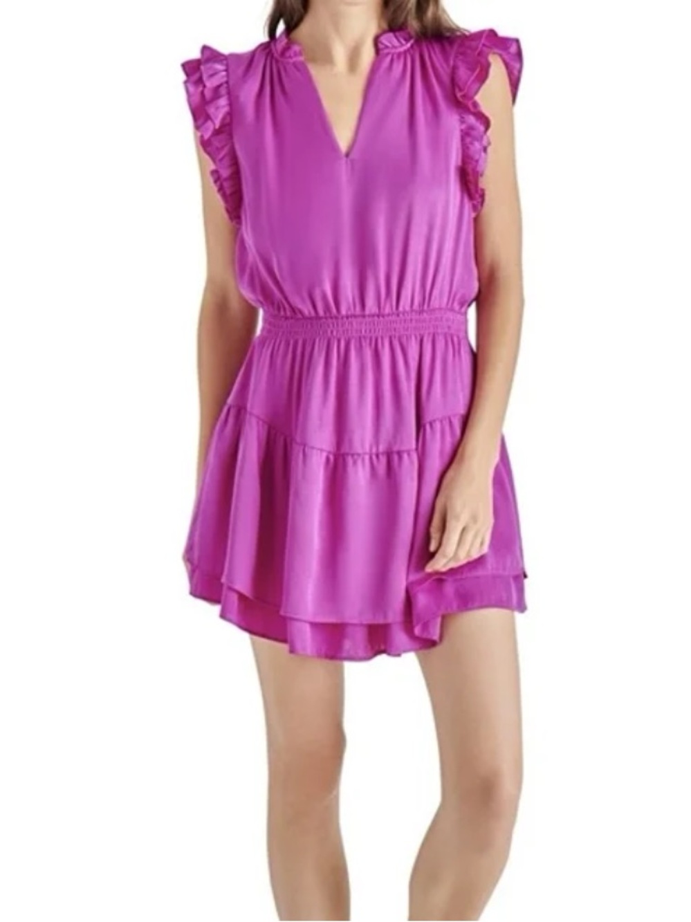 Steve Madden Prairie Dreams Satin Ruffle Sleeve Tiered Purple Dress V NECK NWOT